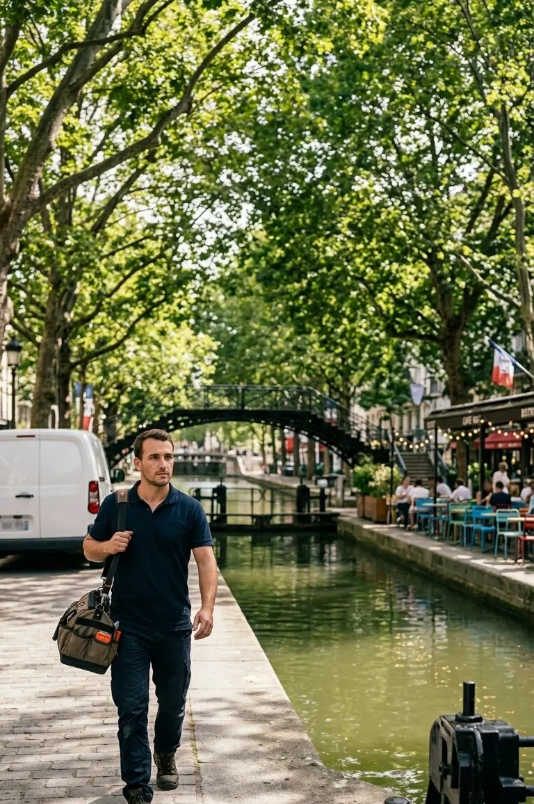 Technicien DB Assistance réparant une porte de garage à Paris 10e