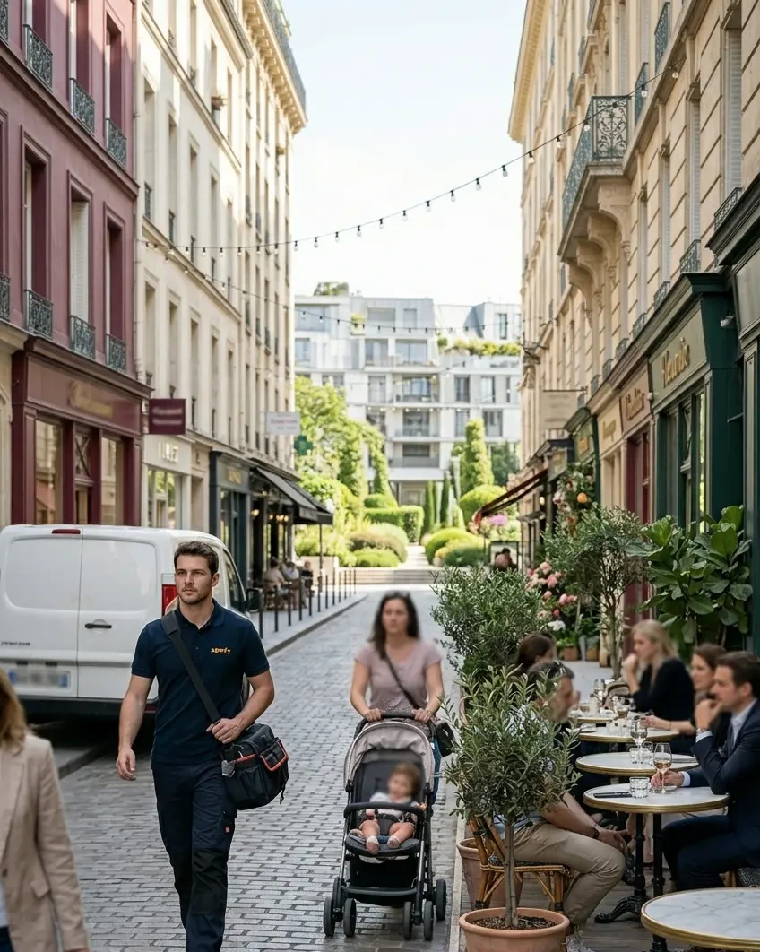 Technicien DB Assistance réparant une porte de garage à Paris 17e