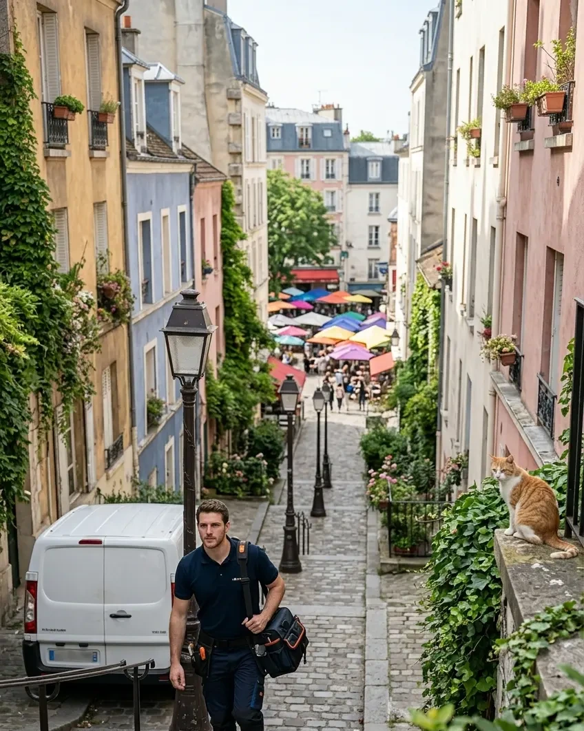Technicien DB Assistance réparant une porte de garage à Paris 18e