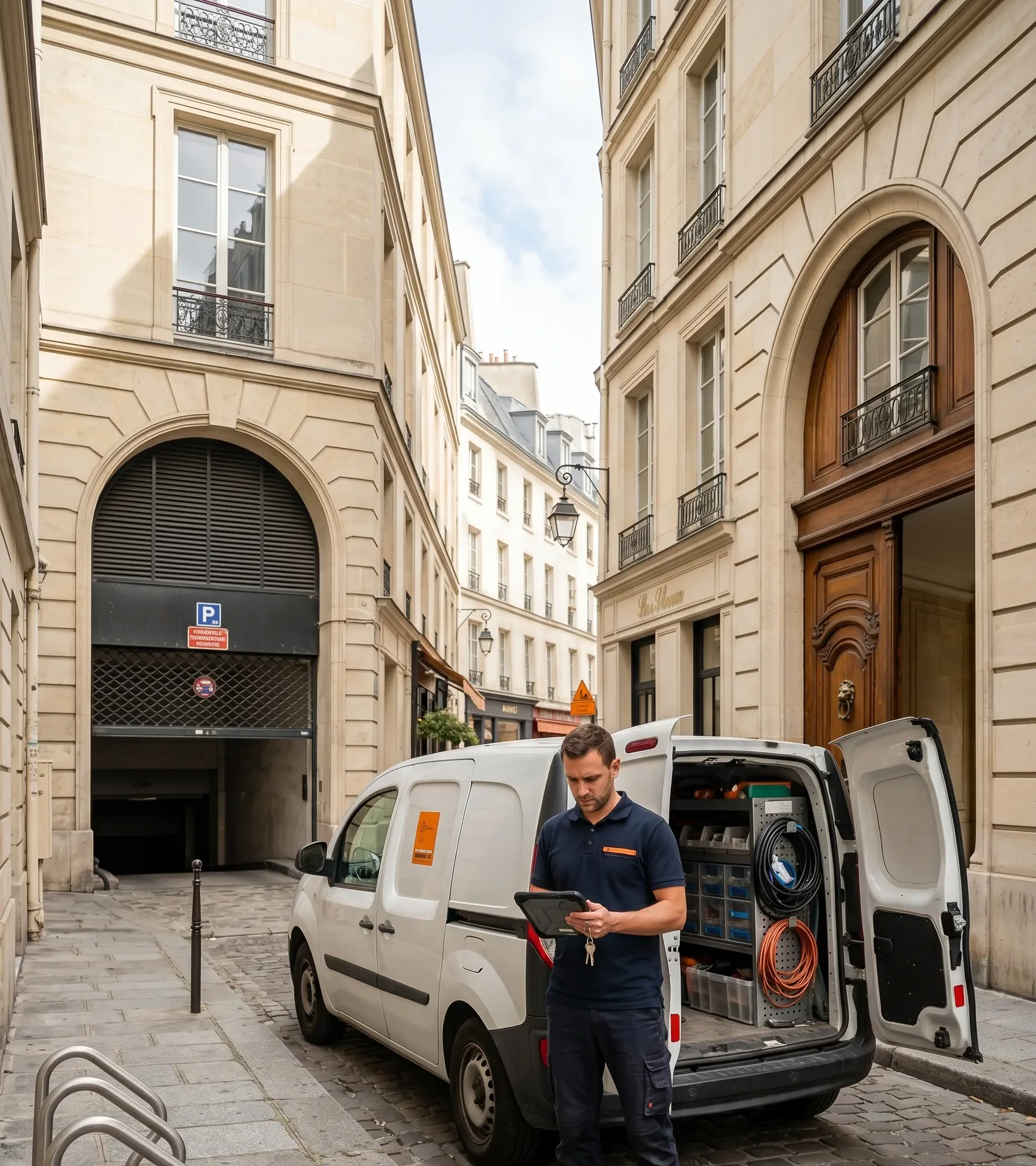 Technicien DB Assistance réparant une porte de garage à Paris 1er