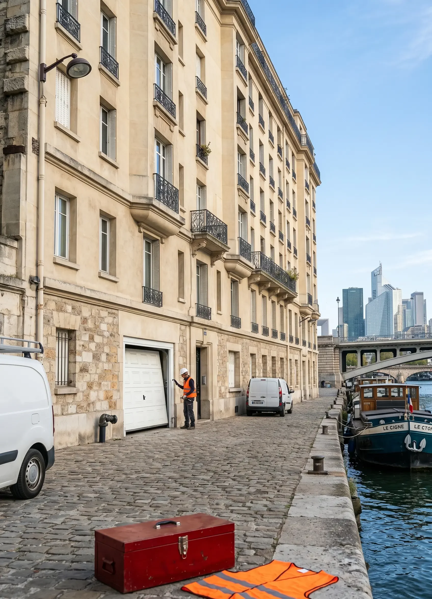 Dépannage porte de garage à Asnières-sur-Seine porte sectionnelle bloquée bord de Seine pont La Défense