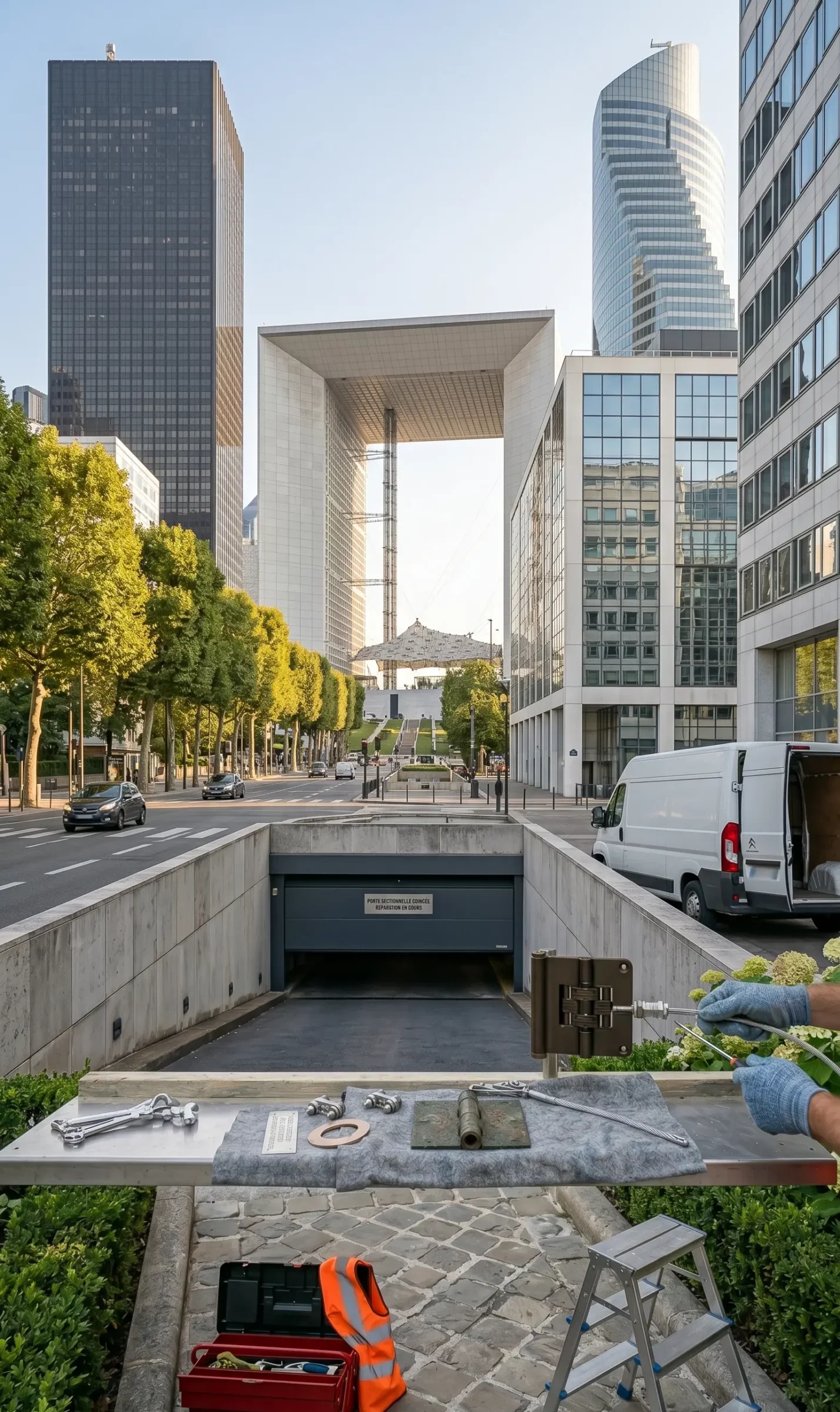 Dépannage porte de garage à Courbevoie porte sectionnelle bloquée parking tours La Défense Grande Arche