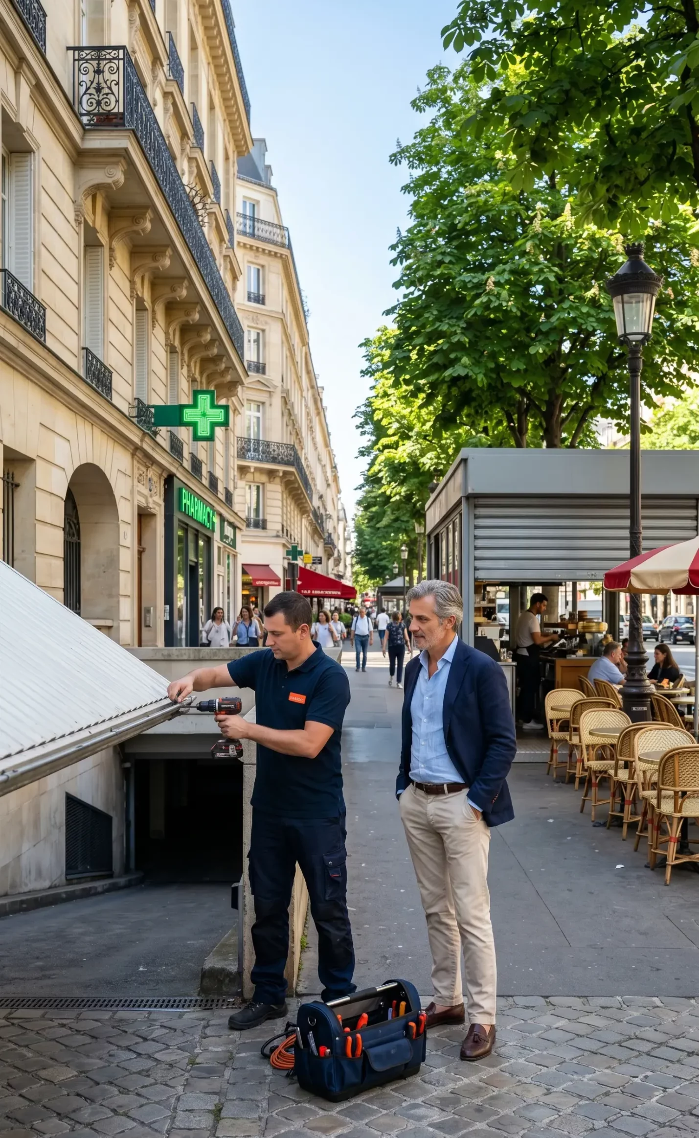 Dépannage porte de garage Paris (75) technicien intervention parking immeuble haussmannien boulevard café terrasse