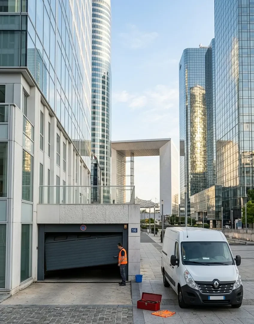 Dépannage porte de garage à Puteaux porte sectionnelle bloquée parking Grande Arche La Défense