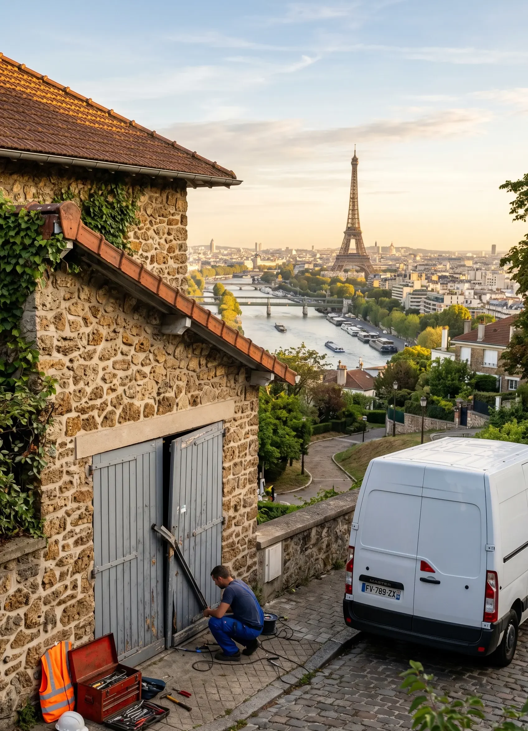 Dépannage porte de garage à Suresnes porte battante bloquée pavillon Mont-Valérien panorama Paris Seine