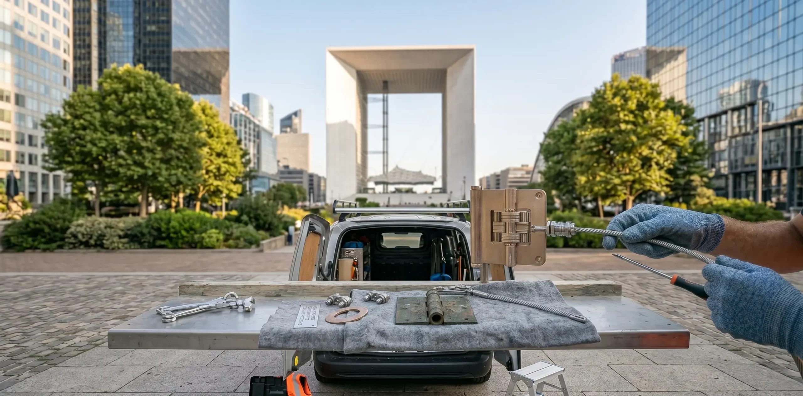 Dépannage porte de garage à Courbevoie pièces certifiées toutes marques parvis Grande Arche La Défense