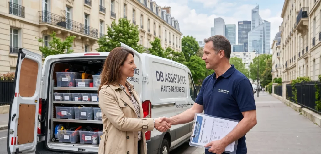Nos nos engagements DB Assistance Hauts-de-Seine (92) technicien et client poignée de main devis transparent van organisé banlieue chic La Défense