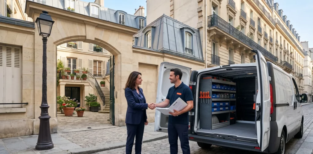 Nos engagements DB Assistance Paris (75) technicien et cliente poignée de main devis transparent van organisé cour intérieure haussmannienne