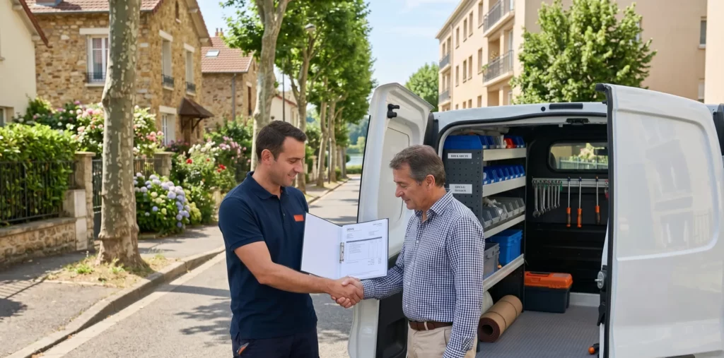 Nos engagements DB Assistance Val-de-Marne (94) technicien et client poignée de main devis transparent van organisé boucles de la Marne