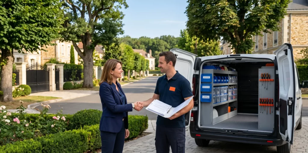 Nos engagements DB Assistance Yvelines (78) technicien et cliente poignée de main devis transparent van organisé quartier résidentiel