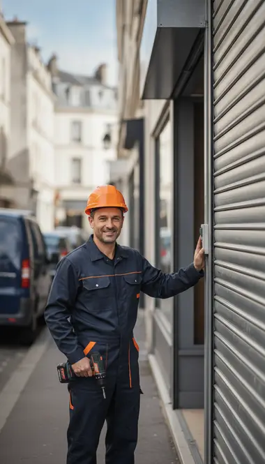 Technicien DB Assistance réparant un rideau métallique à Châtillon