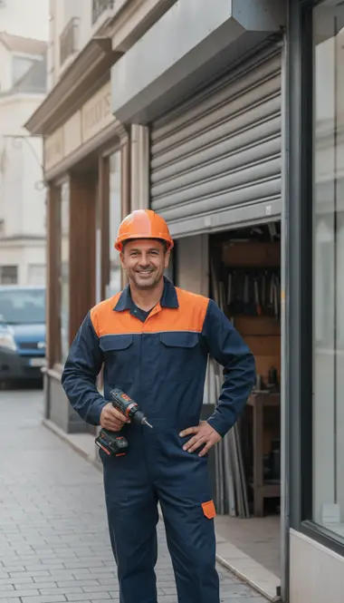 Technicien DB Assistance réparant un rideau métallique à Houilles