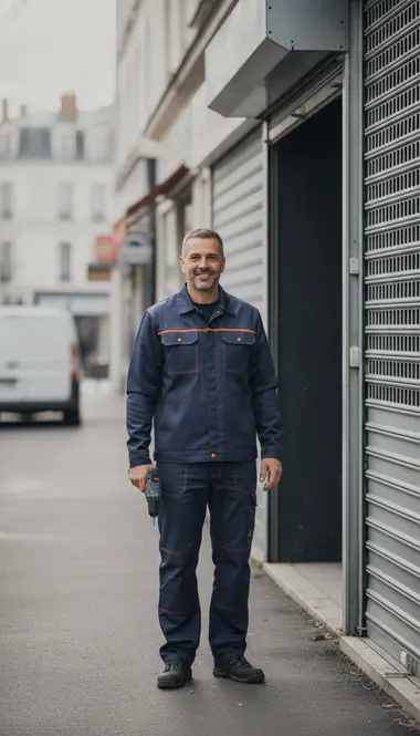 Technicien DB Assistance réparant un rideau métallique à Meudon