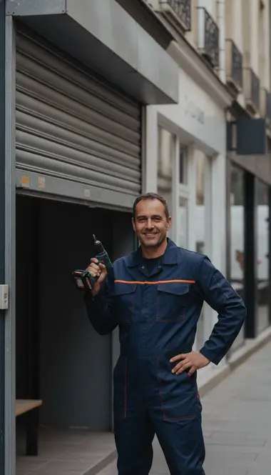 Technicien DB Assistance réparant un rideau métallique à Rambouillet