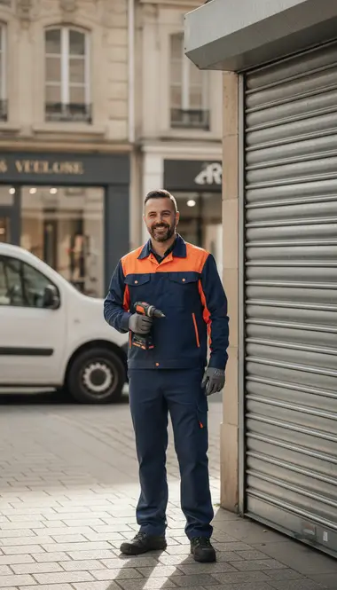 Technicien DB Assistance réparant un rideau métallique à Sartrouville