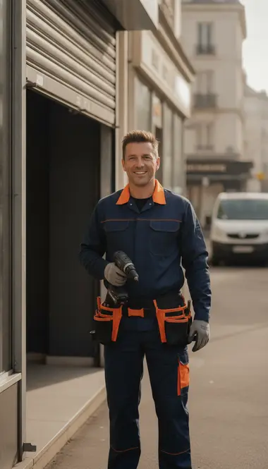 Technicien DB Assistance réparant un rideau métallique à Alfortville