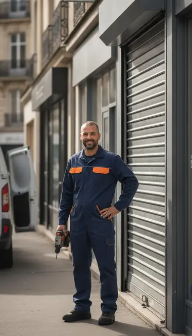 Technicien DB Assistance réparant un rideau métallique à Cachan