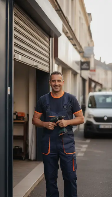 Technicien DB Assistance réparant un rideau métallique à Choisy-le-Roi