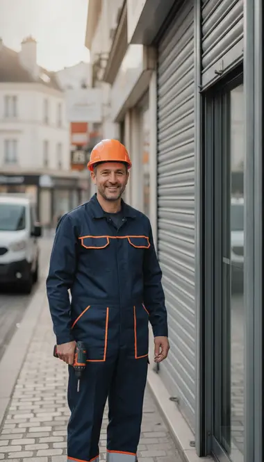 Technicien DB Assistance réparant un rideau métallique à Créteil