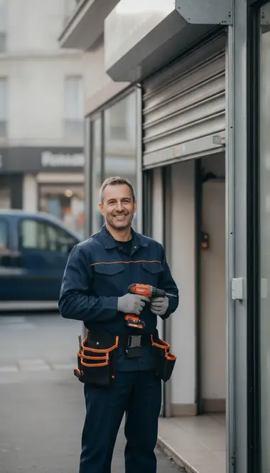 Technicien DB Assistance réparant un rideau métallique à Ivry-sur-Seine
