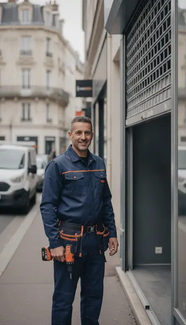 Technicien DB Assistance réparant un rideau métallique à Nogent-sur-Marne