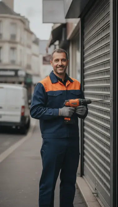 Technicien DB Assistance réparant un rideau métallique à Orly