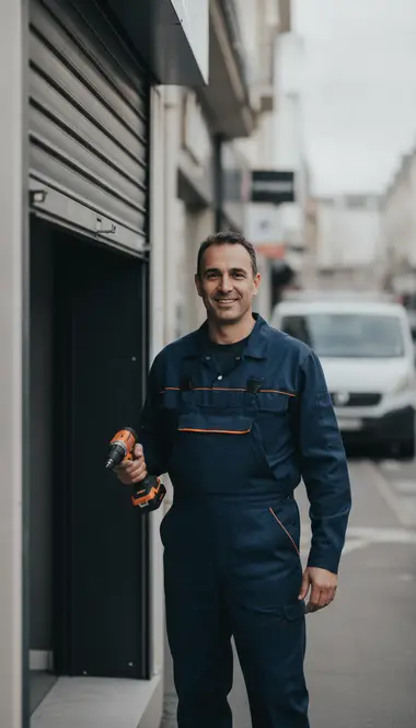 Technicien DB Assistance réparant un rideau métallique à Villejuif