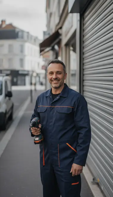 Technicien DB Assistance réparant un rideau métallique à Vincennes